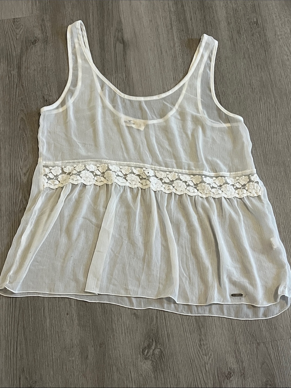 Hollister Sheer White Textured Top with Metal Logo